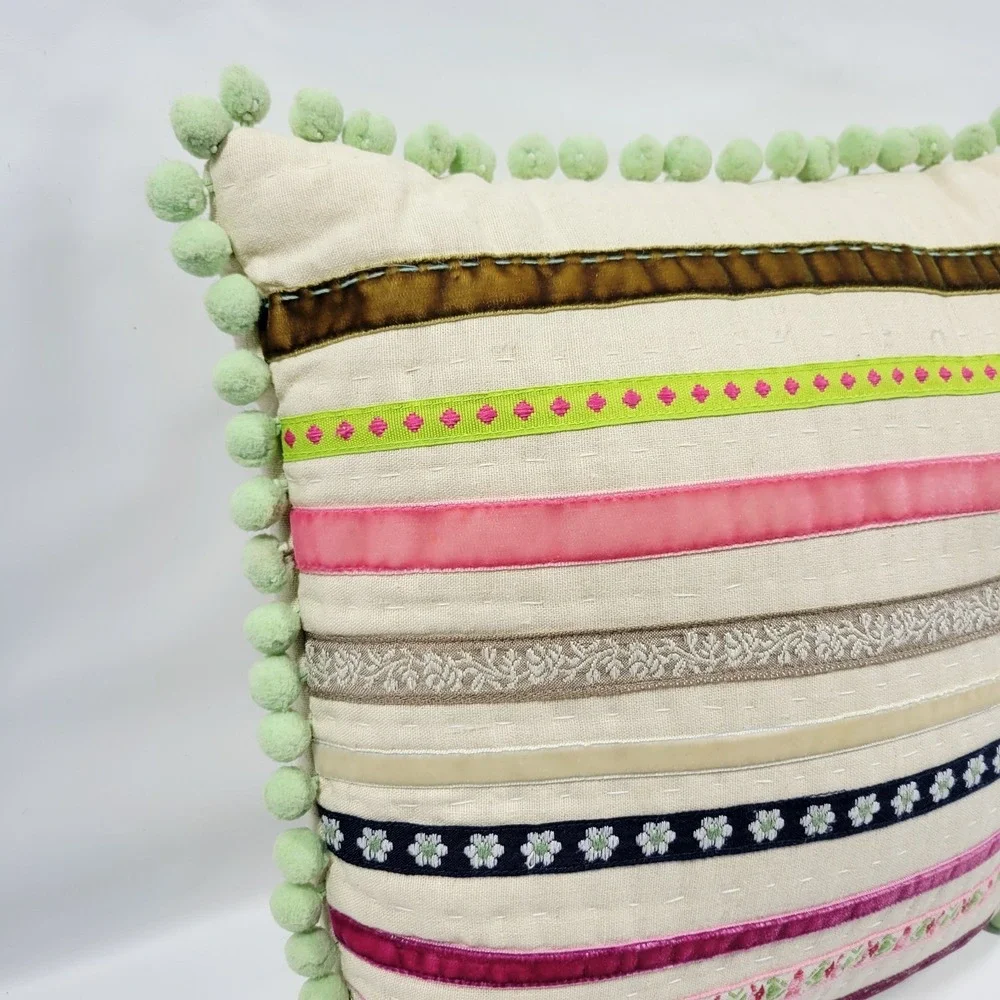 Pottery Barn Kids Floral Dot Ribbon Striped Throw Pillow Pom Pom Discontinued‎
